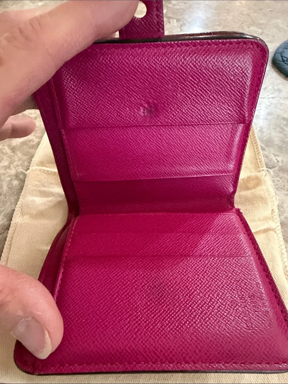 Louis Vuitton Auth Monogramed Perforated Compact Zipper Fuschia wallet /dustbag